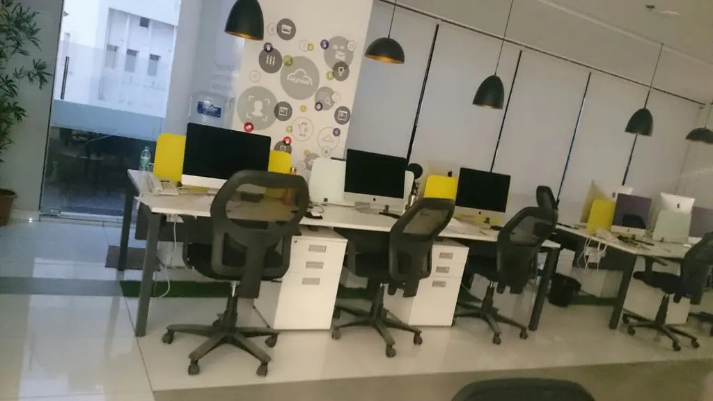 Open plan office with linear lighting